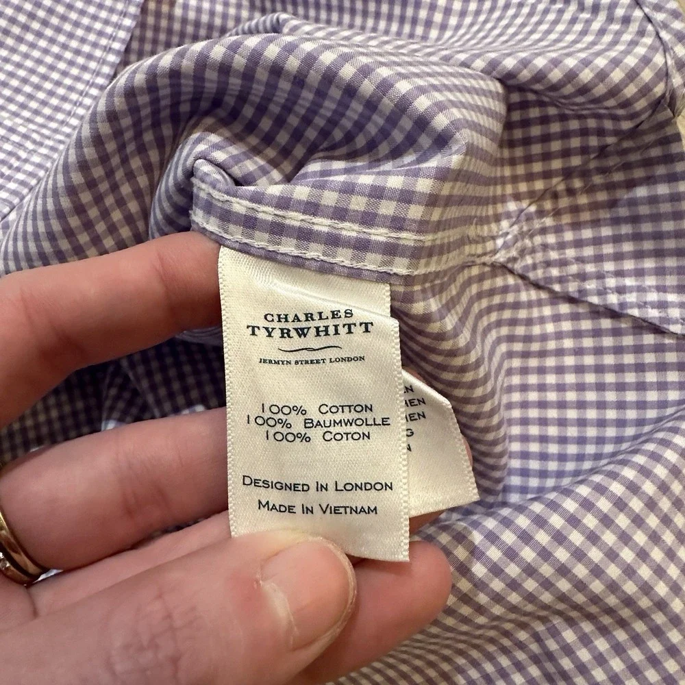 CHARLES TYRWHITT Slim Fit Purple White‎ Check Cotton Dress Shirt 16 - 35 EUC